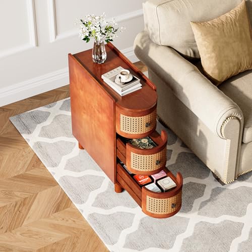 LITTLE TREE Solid Wood End Table, Rattan Narrow Side Table with 3 Drawers | Nightstand Bedside Tables for Living Room, Bedroom, Office, Bathroom, Brown - color: Brown