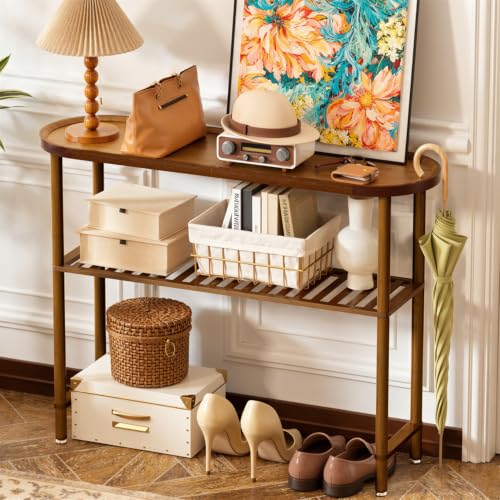 Farmhouse Entryway Table Bamboo 39.4", Narrow Console Table Oval Top, Behind Sofa Table with Anti-fall Edge, TV Stand for Living Room, Indoor Outdoor Plant Stand, 5min Easy Assembly, Dark Walnut - color: Dark Walnut, size: 39.4"L x 11.8"W x 29.7"H