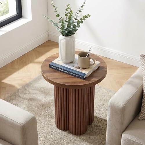 Round Fluted End Table, 17.7'' Mid Century Modern Side Table, Circle Bedside Tables Drink Table Wood Nightstand for Small Spaces, Living Room (Walnut-1PCS) - color: Walnut-1pcs