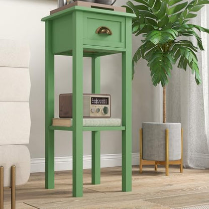 HOMCOM Narrow End Table with Drawer and Bottom Shelf Set of 1 Green | Tall Telephone Table, Skinny Modern Design, for Small Spaces, Living Room - color: Green