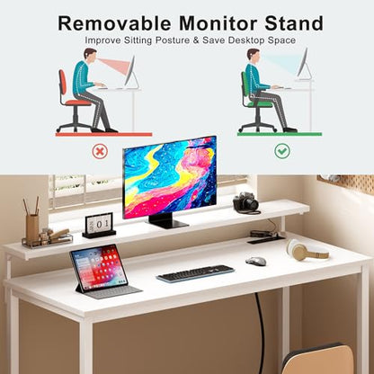 Need 60 inch Computer Desk with LED Lights & Power Outlets, Large Home Desk with Monitor Shelf, Writing Table Gaming Desk Home Office Desk, White - color: White, size: 60 inches