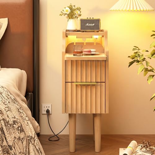 Fluted Narrow Nightstand with Charging Station, Solid Wood Night Stand with 2 Drawers, Natural Mid Century Modern Led Nightstand, Small Beside Table with Open Storage Shelf for Bedroom （10 inch） - color: Natural