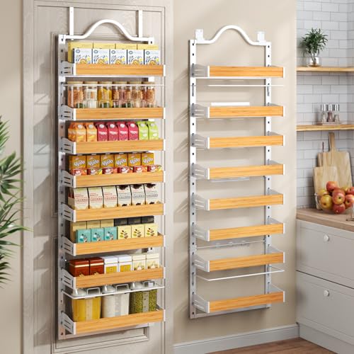 8-Tier Pantry Door Organizer, Over the Door Pantry Organizer with Wooden Adjustable Baskets, 2 IN 1 Spice Rack Wall Mount or Door Organizer, Door Spice Rack for Pantry（72.6×17.1×5.1in,White) - color: White-Brown, size: 8-Tier (17.1"W x 5.7"D x 72.6"H)
