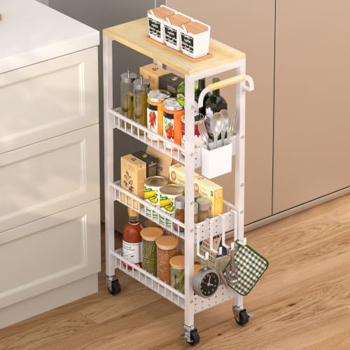 DTUQYX Slim Rolling Storage Cart, 4 Tier Small Organizer Cart with Wheels, Metal Utility Shelf Kitchen Bathroom Laundry Room Organization Trolley with Handle for Narrow Space (9.1" W Metal Basket) - color: Gloss White, size: 7.88"W Metal Wire Basket