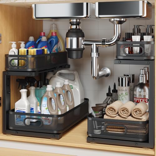 2 Pack 15.7IN-Depth Under Sink Organizer With Smooth Cylindrical Rail,2-Tier Pull Out Multi-Purpose Cabinet Storage for Bathroom&Kitchen,Height Adjustable,Rust-resistant Coating-Black - color: Black, size: 2 Pack-15.7"Dx11"-16.14"H