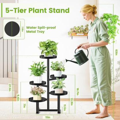 5 Tier Metal Heavy Duty Plant Stand Indoor Outdoor，27In Tall,Black | 7.9In Pot,Save Space,Adjustable Foot Pad,Tiered Corner Plant Holders for Multiple Plants,Patio,Garden,Living Room, Balcony