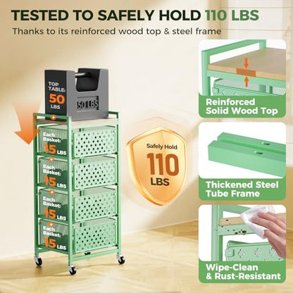 5 Tier Kitchen Storage Cart with Wheels, Utility Fruit Vegetable Storage Rack Stand with Pull-Out Baskets & Wood Top, Metal 4-Drawers Rolling Snack Cart, Kitchen Cart for Potato Onion(Green) - color: Green