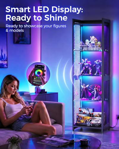 AODK Display Case with LED Lights, Display Cabinet with Open Glass Shelves for Small Space, 4-Tier Corner Display Shelf with Industrial Mesh, Curio Cabinet for Collectibles, Bookcase - size: 63 Inch