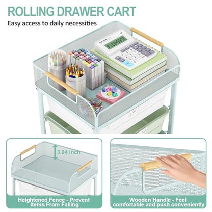 SYKIARIOL 4-Drawer Rolling Storage Cart with Mesh Top, Utility Craft Organizer Cart on Wheels with DIY Labels, Rolling Drawer Cart for Home Office Classroom Bedroom, Green - color: Green
