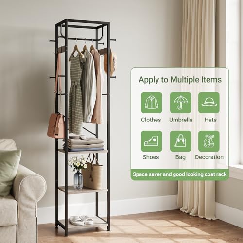 ELYKEN Coat Rack Freestanding, Hall Tree with 3 Storage Shelves and 12 Hooks, Industrial Clothes Rack Stand Organizer for Bedroom, Hallway, Entryway, Office, Living Room, Greige - color: Greige