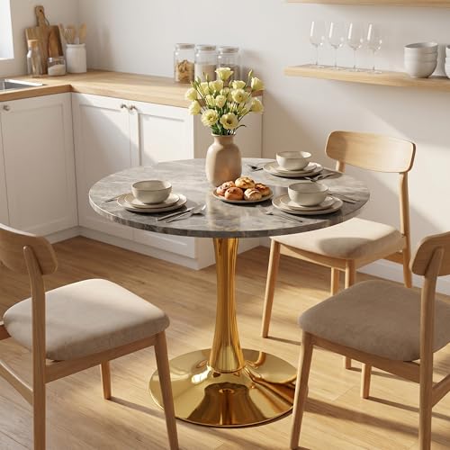27.6" Marble Round Tulip Table, Mid-Century Modern Style Dining Table with Gold Pedestal Base for 2-4 People, Featuring A Marble Tabletop for Kitchen, Dining Room, Cafe (Dark Grey) - color: Dark Grey#gold