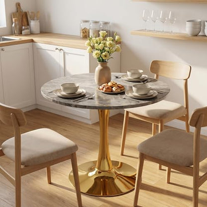27.6" Marble Round Tulip Table, Mid-Century Modern Style Dining Table with Gold Pedestal Base for 2-4 People, Featuring A Marble Tabletop for Kitchen, Dining Room, Cafe (Dark Grey) - color: Dark Grey#gold