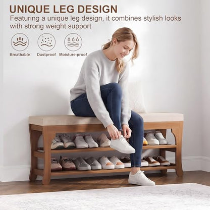 PETKABOO 39.4" Shoe Storage Bench with Cushion, Bamboo Shoe Rack Bench, 2-Tier Entryway Shoe Organizer, Supports up to 380 LB, for Hallway, Bedroom, Closet, Living Room - size: 39.4"