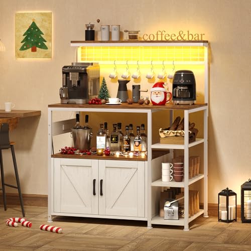 TVU Bakers Rack with Power Outlet and LED Light, Microwave Stand with Storage Cabinet, Coffee Bar Cabinet Station with 6 Hooks for Kitchen, Dining Room, Living Room, Coffee Bar, Walnut, White - color: Walnut + White