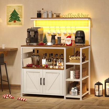 TVU Bakers Rack with Power Outlet and LED Light, Microwave Stand with Storage Cabinet, Coffee Bar Cabinet Station with 6 Hooks for Kitchen, Dining Room, Living Room, Coffee Bar, Walnut, White - color: Walnut + White