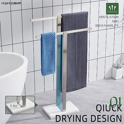 KOKOSIRI Bathroom Towel Racks 2-Tier Standing Towel Bars with Marble Base, Stainless Steel Freestanding Towels Holder, Thicken Steady Design, Brushed Nickel THS0003-BR - color: Brushed Nickel
