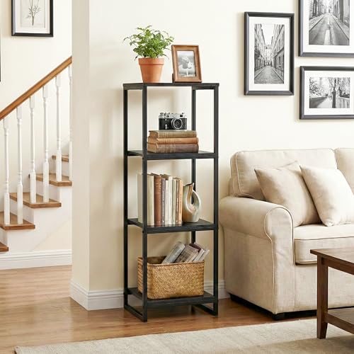 4-Tier Bathroom Shelving Unit, Narrow Corner Slim Rack, Black | 33.7"H, Metal Frame, Wood Finish Shelf, for Laundry Room, Kitchen, Living Spaces, Sturdy Build - size: 4-Tier