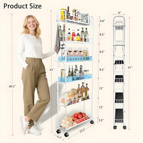 6in 6 Tier Slim Storage Cart with Wheels,Narrow Space Rolling Shelving Unit with Handle, Metal Wire Mobile Organizer Rack for Kitchen Bathroom Office Laundry - size: 6in White Cart with Handle