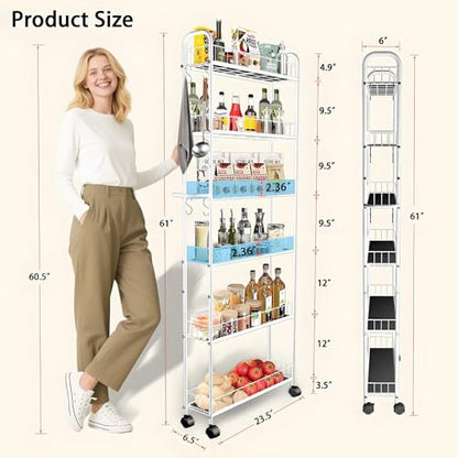 6in 6 Tier Slim Storage Cart with Wheels,Narrow Space Rolling Shelving Unit with Handle, Metal Wire Mobile Organizer Rack for Kitchen Bathroom Office Laundry - size: 6in White Cart with Handle