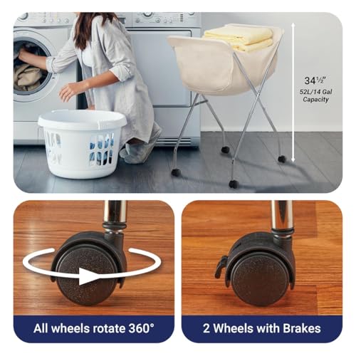 Laundry Cart With Wheels, Collapsible with Removable Liner, Rolling | Hamper Cart with Tubular Metal Frame, White Bag Included � Measures 23" x 18" x 32" - color: Laundry Cart