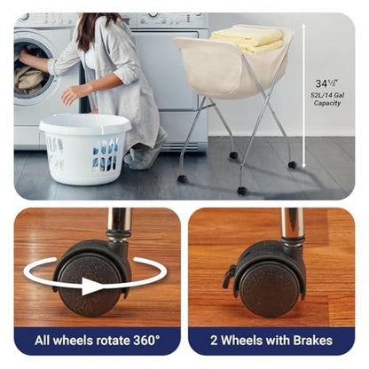 Laundry Cart With Wheels, Collapsible with Removable Liner, Rolling | Hamper Cart with Tubular Metal Frame, White Bag Included � Measures 23" x 18" x 32" - color: Laundry Cart