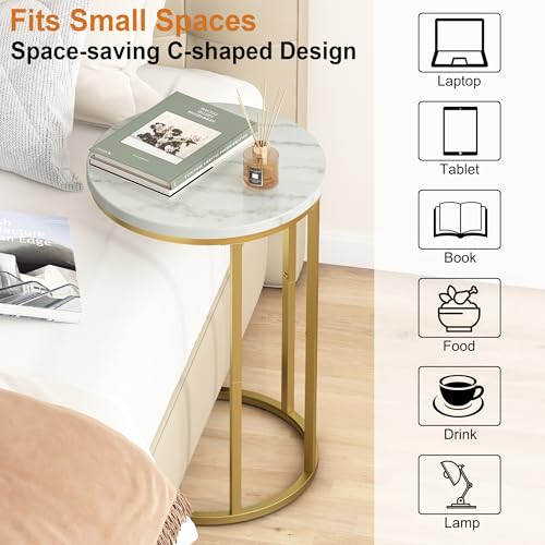 Function Home C Table End Table, Marble C Shaped Sofa Side Table, Couch Tables that Slide Under, Snack Accent Table for Living Room Bedroom Small Space, Marble Top and Gold Metal Frame - color: Round Gold
