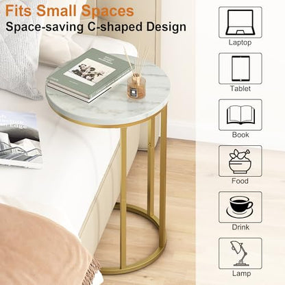 Function Home C Table End Table, Marble C Shaped Sofa Side Table, Couch Tables that Slide Under, Snack Accent Table for Living Room Bedroom Small Space, Marble Top and Gold Metal Frame - color: Round Gold