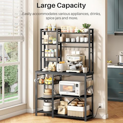 SNTD 6-Tier Bakers Rack with Power Outlets, 36 x 14.6 x 72 in, Rustic Black | Large Capacity for Small Appliances, Stable Metal Frame with Wood Shelves, Pull-Out Basket, 14 Hooks - color: Rustic Black
