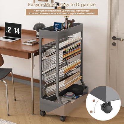 UMDONX Modern Mobile Single-Sided Metal Book Cart | Features A Metal Top Panel, A Base, and Clip-in Shelves; Suitable for Home, Office, and Classroom - color: Gunmetal Gray