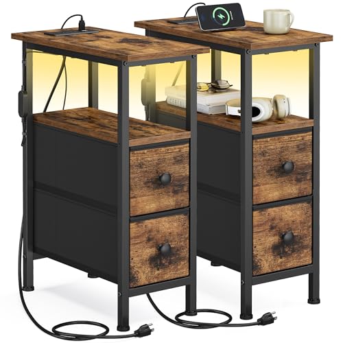 SONGMICS Side Table, Nightstand with Charging Station, End Table with LED Lighting, 2 Drawers, for Living Room, Bedroom, Set of 2, Rustic Brown, BELLAH Collection ULGS012K101 - color: Rustic Brown, size: 2 Pack (8.5"D x 18.1"W x 23.8"H)