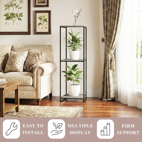 46" Tall 3-Tier Corner Plant Stand Indoor, Oak Grey | Functions as Flower Pots, Shelf, Decor Rack, Holder; Metal Frame with MDF Boards; for Living Room, Balcony; Modern Design