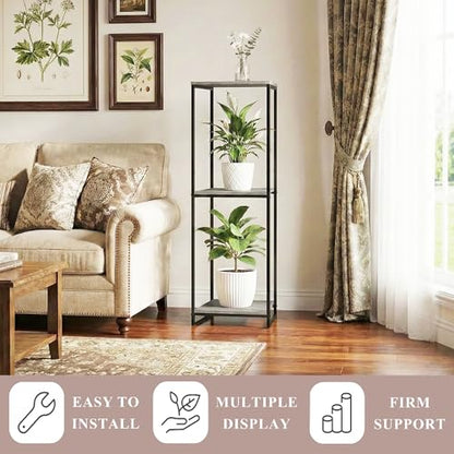 46" Tall 3-Tier Corner Plant Stand Indoor, Oak Grey | Functions as Flower Pots, Shelf, Decor Rack, Holder; Metal Frame with MDF Boards; for Living Room, Balcony; Modern Design