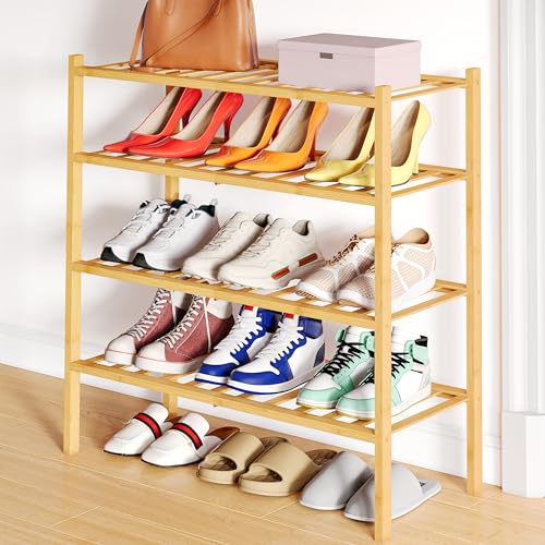 Smiry Bamboo Shoe Rack, 4 Tier Free Standing Wooden Shoe Organizer, Stackable Wood Shoe Storage Shelf for Closet, Entryway, 12 Vertical Slats, 2+2 Stack Standard Legs, 26.8"x11"x26", Natural - color: Natural, size: 26.80" Wide - 4 Tier - Regular