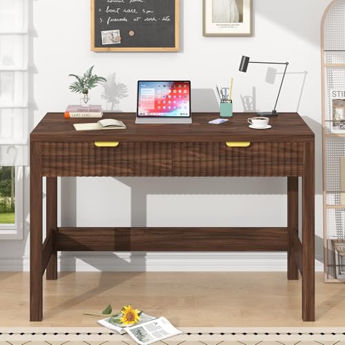 YOMILUVE Fluted Computer Desk with 2 Drawers, 39 Inch Small Computer Desk with Storage, Compact Writing Study Desk for Small Spaces, Walnut - color: Walnut