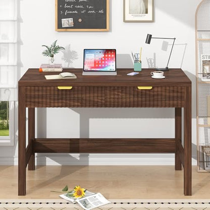 YOMILUVE Fluted Computer Desk with 2 Drawers, 39 Inch Small Computer Desk with Storage, Compact Writing Study Desk for Small Spaces, Walnut - color: Walnut