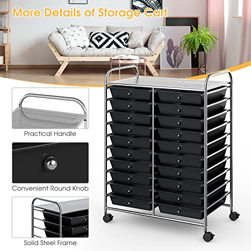 20-Drawer Rolling Storage Cart, Art Cart Organizer on Wheels, Metal Frame and Removable Drawers, Multipurpose Mobile Utility Cart for Classroom, Office, School, Home (Black)
