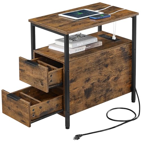 VASAGLE Side End Table with Charging Station, Slim Nightstand with 2 Drawers, Narrow Bedside Table for Living Room, Small Spaces, Rustic Brown and Ink Black ULET321B01 - color: Rustic Brown + Ink Black, size: 23.6"D x 13.8"W