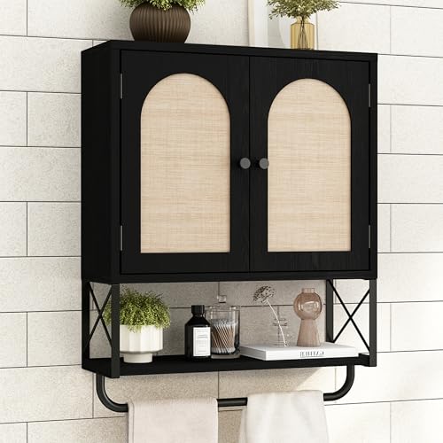 RUSTOWN Rattan Bathroom Wall Cabinet, Boho Over The Toilet Storage Cabinet with Arched Rattan Doors, Modern Medicine Cabinet with Adjustable Shelves & Towel Bar (Black, Medium) - color: Black, size: Medium