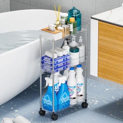 Clear 4 Tier Slim Rolling Storage Cart with Wheels,6.3″W Thin Shelf,Bathroom Storage Cabinet,Skinny Laundry Cart,Narrow Laundry Room Cart Between Washer and Dryer,Skinny Shelves for Small Space - style: 4 Tier