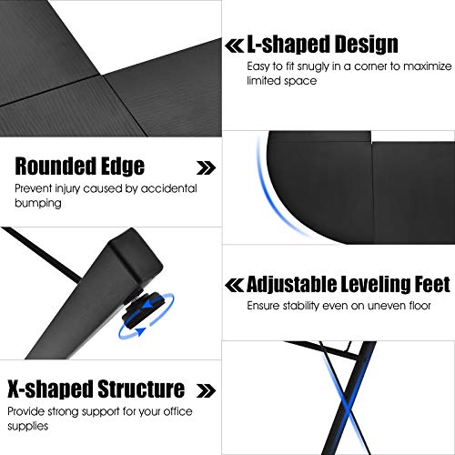 Tangkula L-Shaped Desk Corner Computer Desk, Space-Saving & Multifunctional Home Office Desk Writing Workstation Study Desk with Round Corner (Black)