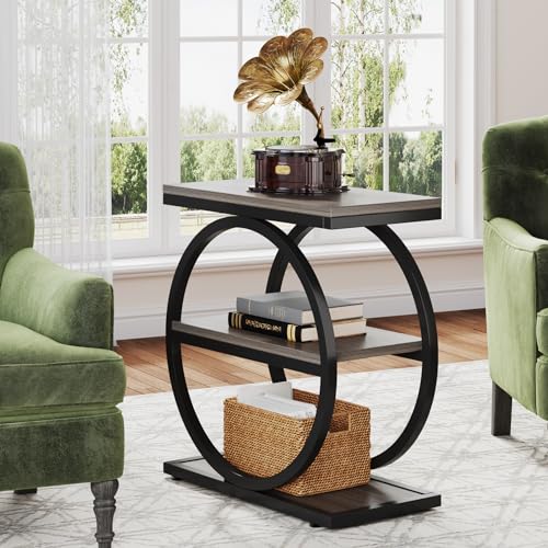 LITTLE TREE 3-Tier End Table Set 2, Grey Side End Table with Storage Shelves, Small Sofa Side Table for Living Room, Slim Nightstand and Bedside Table with Black Double Round Metal Legs - color: Grey and Black