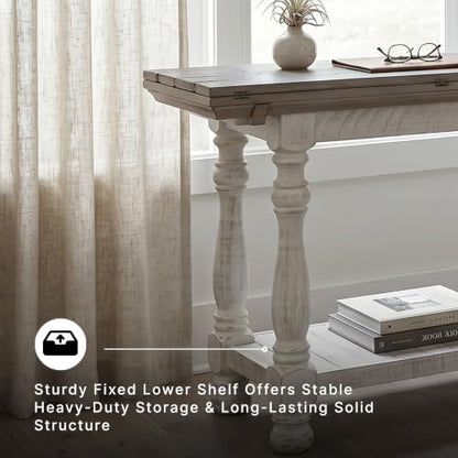Signature Design by Ashley Havalance Farmhouse Sofa Table, Flip Top Design for Additional Dining Space and Fixed Lower Shelf, Gray & White with Weathered Finish - color: Gray/White, style: Sofa Table
