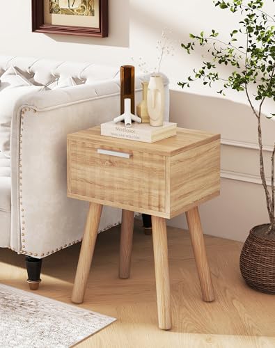 YMYNY Narrow Fluted Nightstand Set of 2, Small End Table, Modern Coffee Table with Drawer, Solid Wood Legs, Retaining Chain, for Bedroom and Small Spaces, Natural UHST014R-2 - color: Natural