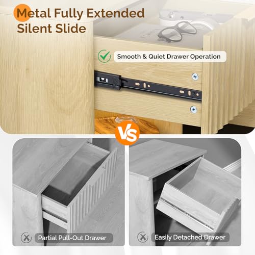 VINGLI Nightstand with Charging Station, LED Nightstand Fluted with Rounded Edge, 19" W Mid Century Modern Night Stand for Bedroom, Fluted Bed Side Table, Oak, 18.9" W*15" D*22.4" H - color: Oak, size: 19"W-1 Drawer 1 Shelf