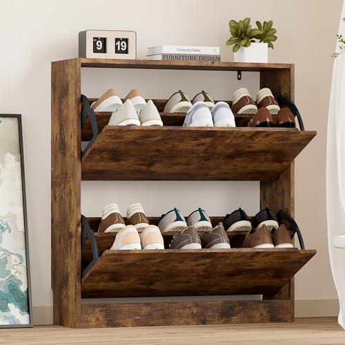BORNOON Shoe Cabinet with 2 Flip Drawers, Slim Narrow Shoe Storage Cabinet, Freestanding Shoe Organizer with Adjustable & Removable Shelves, Top Display Shelf for Entryway, Hallway, Foyer, Closet - color: Brown, size: 2 Drawers