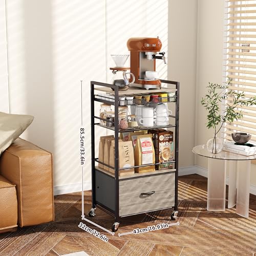 Coffee Bar Cabinet with Storage，5 Tier Coffee Station Table on Wheels, 33.6" H Cart with Drawer for Home Kitchen, Liquor Buffet Sideboard Cabinet (Black) - color: Black