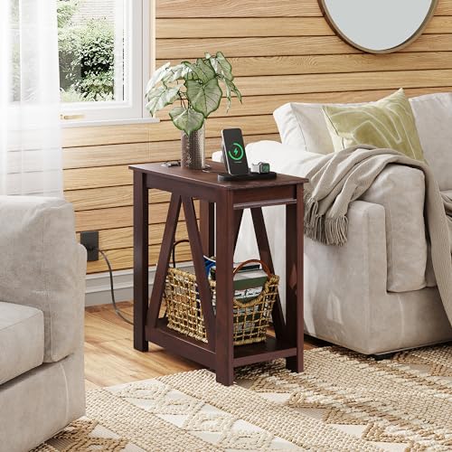 WLIVE Narrow End Table with Charging Station of Open Storage Shelf，Sofa Side Table with 2 USB Ports and 2 Power Outlets，Slim Farmhouse End Table for Small Spaces, 11.8" D x 23.6" W x 23.74" H - color: Espresso
