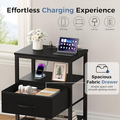 DUMOS Nightstand with Charging Station, Bedside Table with 1 USB-A, 1 USB-C & 2 AC Outlets, Fabric Drawer with Adjustable Open Shelf, Compact End Table for Bedroom, Black - color: Black, size: 15.7"Dx11.8"Wx23.4"H(1 Drawer, 1 Pack)