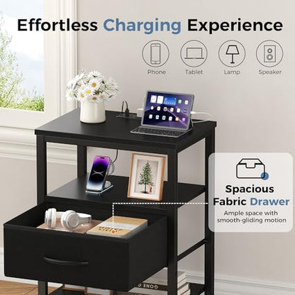 DUMOS Nightstand with Charging Station, Bedside Table with 1 USB-A, 1 USB-C & 2 AC Outlets, Fabric Drawer with Adjustable Open Shelf, Compact End Table for Bedroom, Black - color: Black, size: 15.7"Dx11.8"Wx23.4"H(1 Drawer, 1 Pack)