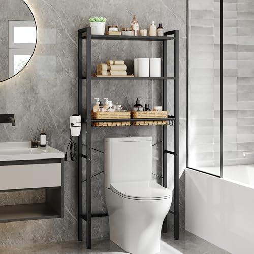 VASAGLE BARNET Collection - Over the Toilet Storage, Over Toilet Bathroom Organizer with Adjustable Shelves and Basket, 3 Hooks, Space Saving, 9.4 x 23.6 x 63 Inches, Ebony Black UBTS113BE01S - color: Ebony Black, style: 3 Tiers (63" H)